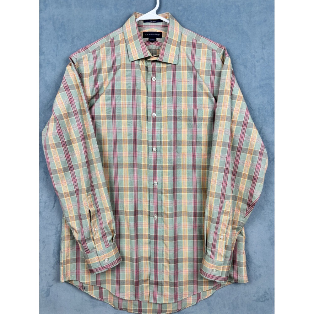 Lands End Mens No Iron Plaid Button Down Shirt Green Red 15.5-33 Long Sleeve